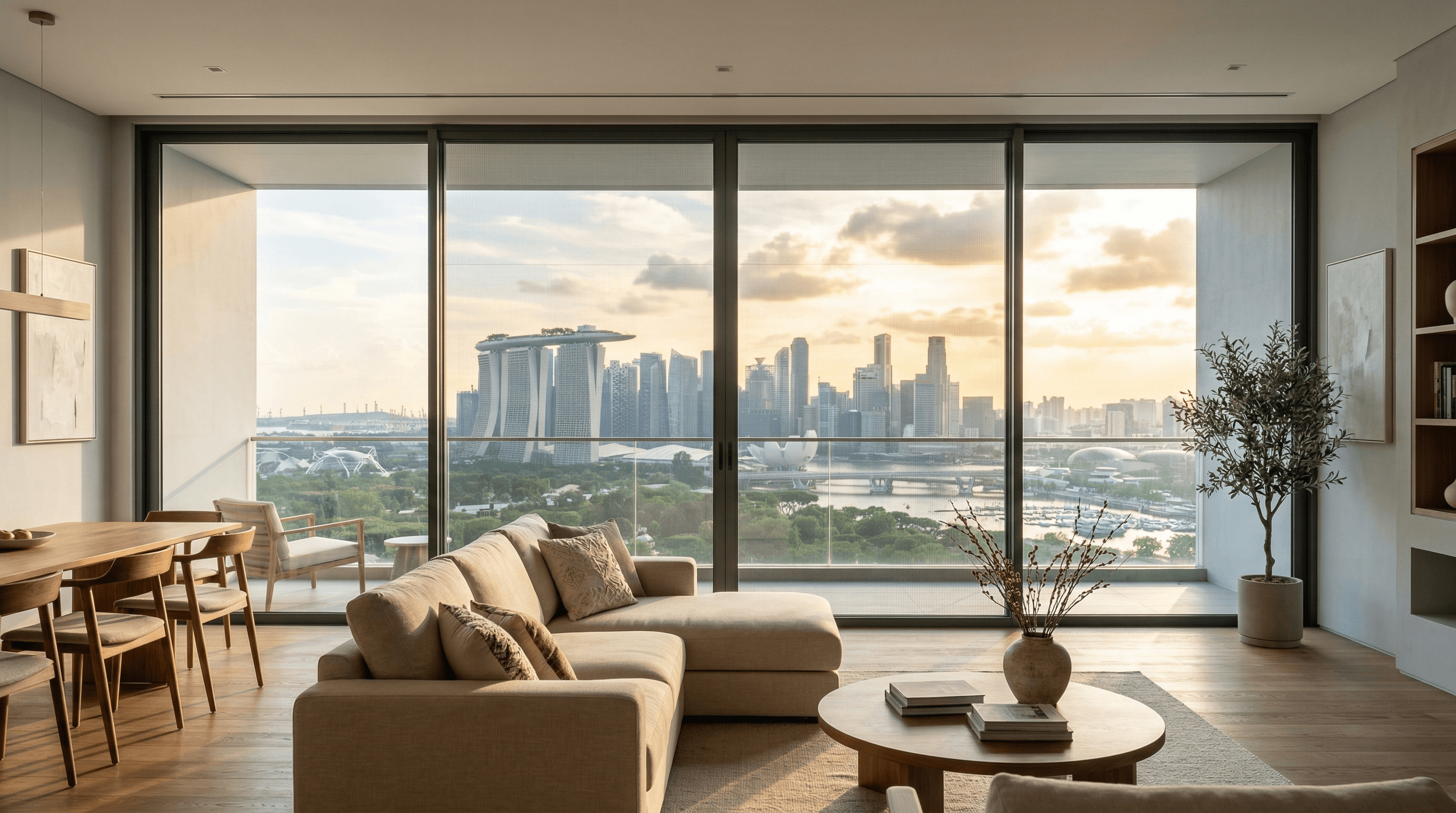 Muro invisible window mesh system installed in a modern Singapore living room with clear city views